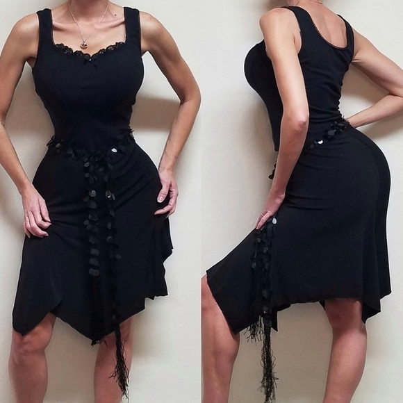VINTAGE 80s By Choice Black Sharkbite Skirt Lace Cropped Top Sequin Mesh Belt - Picture 1 of 16